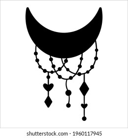 Vector boho crescent silhouette with pendants. Bohemian black horizontal half moon icon isolated on white background. Celestial ornate shadow illustration with stars.
