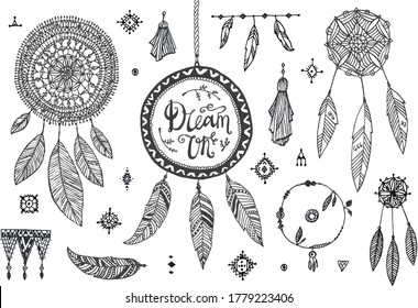 Vector boho decor set, collection of hand drawn doodle borders, dream catchers, dividers, design elements, arrows. Isolated. May be used for wedding invitations, birthday cards, banners