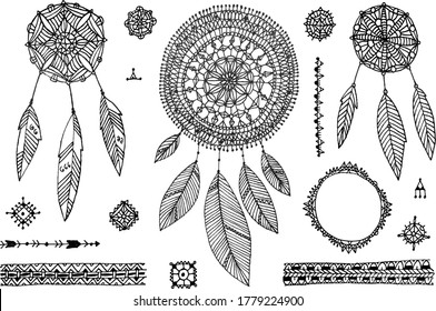 Vector boho decor set, collection of hand drawn doodle borders, dream catchers, dividers, design elements, arrows. Isolated. May be used for wedding invitations, birthday cards, banners