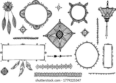 Vector boho decor set, collection of hand drawn doodle borders, dividers, design elements, arrows. Isolated. May be used for wedding invitations, birthday cards, banners
