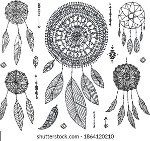 Decoración vectorial boho, colección de doodle dibujados a mano catcher de ensueño, divisores, elementos de diseño. Aislado. Puede usarse para invitaciones de boda, tarjetas de cumpleaños, banners