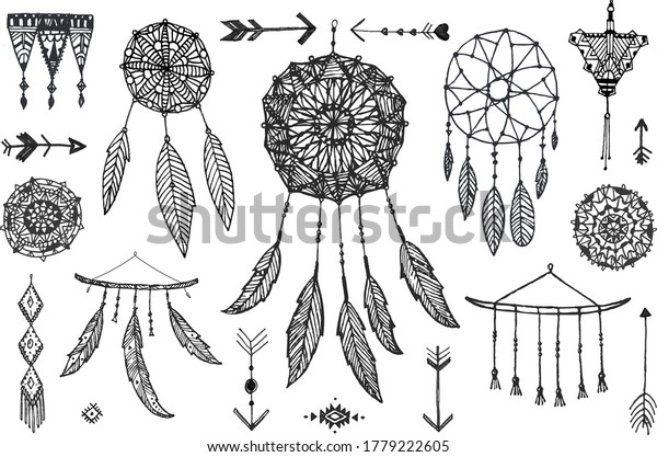 Vector\
boho decor set, collection of hand drawn doodle borders, dream\
catchers, dividers, design elements, arrows. Isolated. May be used\
for wedding invitations, birthday cards,\
banners