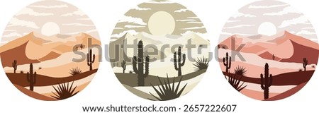 vector boho desert circle illustrations in desertcore style with cactus silhouettes and southwestern landscape sunset and minimalist pastel mountains