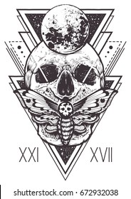 Vector boho design of skull with hawk moth and sacred geometric elements, hipster triangles, mystical symbols. Tattoo style graphic design. Vector monochrome art isolated on white.