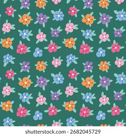 Vektor boho ditsy floral nahtlose Muster. Farbenfrohe Blume wiederholen Stoffdesign. Abstrakte Blumen auf dunkelgrünem Hintergrund. 