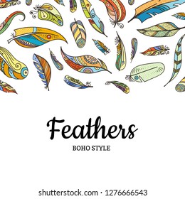 Vector boho doodle color feathers background illustration