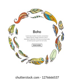 Vector boho doodle feathers in circle with place for text illustration