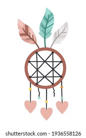 Vector boho dreamcatcher with pendants and feathers. Bohemian icon isolated on white background. Celestial ornate illustration.
