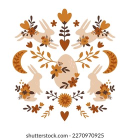 vector boho easter illustration with bunnies,egg and flowers on isolated background, brown natural color palette