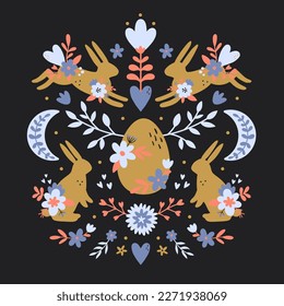 vector boho easter illustration with bunnies,egg and flowers on black background