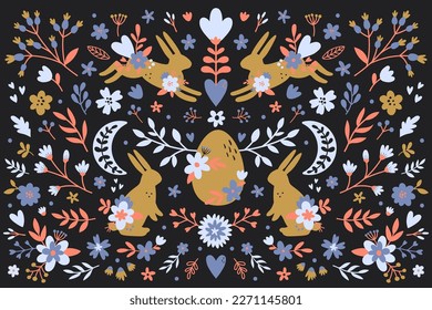 vector boho easter rectangular illustration with bunnies,egg and flowers on black background