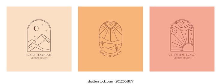 Vector boho emblems with abstract mountain landscapes.Travel logo with mountains or desert dunes;cloudy sky,sun and sunburst.Modern bohemian icon or symbol in minimal style.Branding design template.