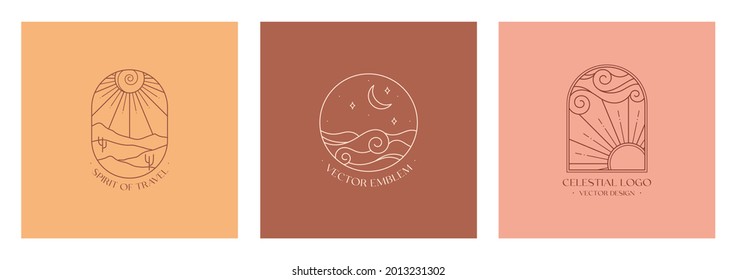 Vector Boho Emblems With Abstract Mountain Landscapes.Travel Logo With Mountains Or Desert Dunes;sea,moon,sun And Sunburst.Modern Bohemian Icon Or Symbol In Minimal Style.Branding Design Template.