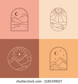 Emblemas de vectores boho con paisajes de montaña abstractos.Logotipos de viajes con montañas o dunas desérticas;aurora,luna creciente, sol y arrebatos de sol.Iconos o símbolos de viajes modernos de estilo minimalista.