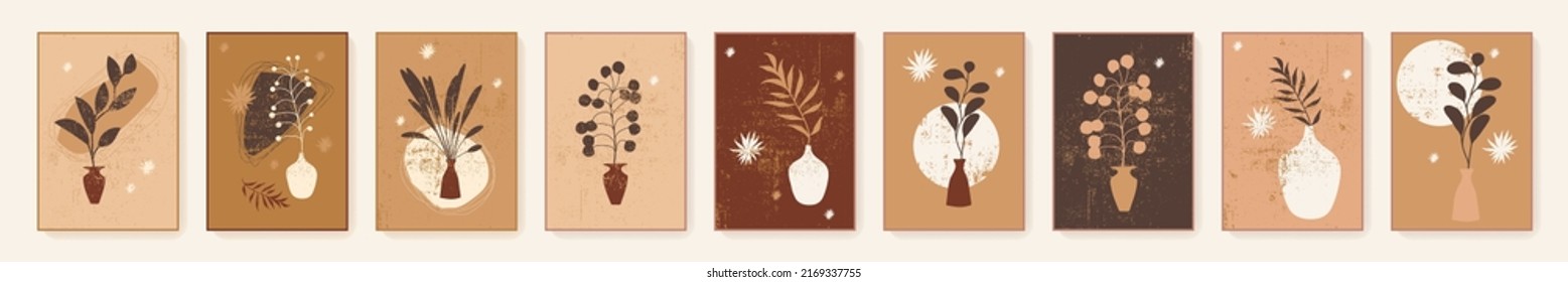 Vector boho esoteric wall decor prints. Bohemian mystical cards. Printable artistic wall art home decor. Earth tones beige brown neutral elegant posters, covers, eco packaging, invitation design