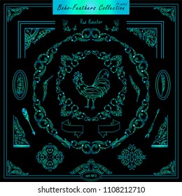 Vector boho, ethnic style elements for design. Ornamental vintage frame, borders, corners, square, arrows, dividers. Rooster, feathers, tribal beads, dreamcatcher, ribbon elements, blue watercolor