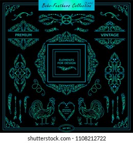 Vector boho, ethnic style elements for design. Ornamental vintage frame, borders, corners, square, arrows, dividers. Rooster, feathers, tribal beads, dreamcatcher, ribbon elements, blue watercolor
