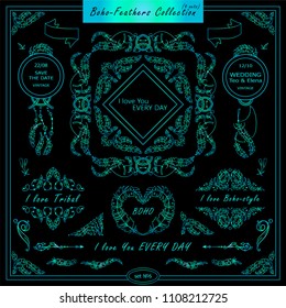 Vector boho, ethnic style elements for design. Ornamental vintage frame, borders, corners, square, arrows, dividers. Rooster, feathers, tribal beads, dreamcatcher, ribbon elements, blue watercolor