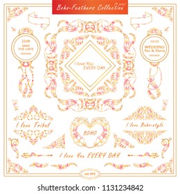 Vector boho, ethnic style elements for design. Ornamental vintage frame, borders, corners, square, arrows, dividers. Rooster, feathers, tribal beads, dreamcatcher, ribbon elements, red and orange