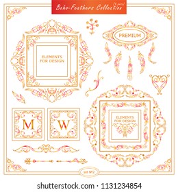 Vector boho, ethnic style elements for design. Ornamental vintage frame, borders, corners, square, arrows, dividers. Rooster, feathers, tribal beads, dreamcatcher, ribbon elements, red and orange