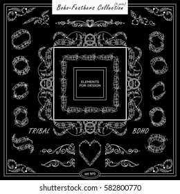 Vector boho, ethnic style elements for design. Ornamental vintage frame, borders, corners, square, dividers. Rooster, feathers, tribal beads, dreamcatcher, ribbon elements, black chalkboard style 