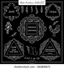 Vector boho, ethnic style elements for design. Ornamental vintage frame, borders, corners, square, dividers. Rooster, feathers, tribal beads, dreamcatcher, ribbon elements, black chalkboard style 