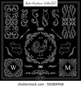 Vector boho, ethnic style elements for design. Ornamental vintage frame, borders, corners, square, dividers. Rooster, feathers, tribal beads, dreamcatcher, ribbon elements, black chalkboard style 