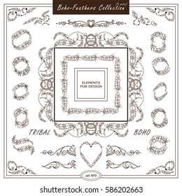 Vector boho, ethnic style elements for design. Ornamental vintage frame, borders, corners, square, dividers. Rooster, feathers, tribal beads, dreamcatcher, ribbon elements, different in every set