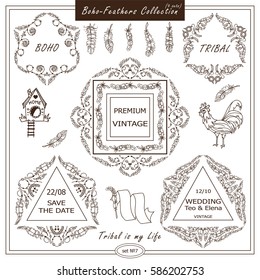 Vector boho, ethnic style elements for design. Ornamental vintage frame, borders, corners, square, dividers. Rooster, feathers, tribal beads, dreamcatcher, ribbon elements, different in every set