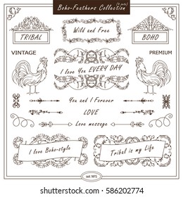 Vector boho, ethnic style elements for design. Ornamental vintage frame, borders, corners, square, dividers. Rooster, feathers, tribal beads, dreamcatcher, ribbon elements, different in every set