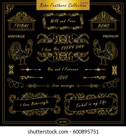 Vector boho, ethnic style elements for design. Ornamental vintage frame, borders, corners, square, dividers. Rooster, feathers, tribal beads, dreamcatcher, ribbon elements, premium gold color 