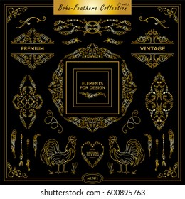 Vector boho, ethnic style elements for design. Ornamental vintage frame, borders, corners, square, dividers. Rooster, feathers, tribal beads, dreamcatcher, ribbon elements, premium gold color 
