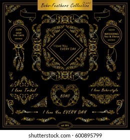 Vector boho, ethnic style elements for design. Ornamental vintage frame, borders, corners, square, dividers. Rooster, feathers, tribal beads, dreamcatcher, ribbon elements, premium gold color 