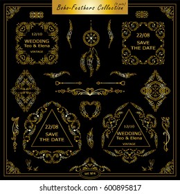 Vector boho, ethnic style elements for design. Ornamental vintage frame, borders, corners, square, dividers. Rooster, feathers, tribal beads, dreamcatcher, ribbon elements, premium gold color 