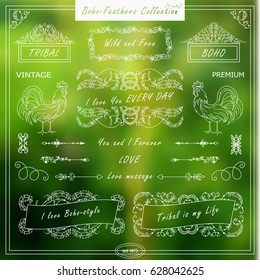 Vector boho, ethnic style elements for design. Ornamental vintage frame, borders, corners, square, arrows, dividers. Rooster, feathers, tribal beads, dreamcatcher, ribbon elements. Set 5 from 9