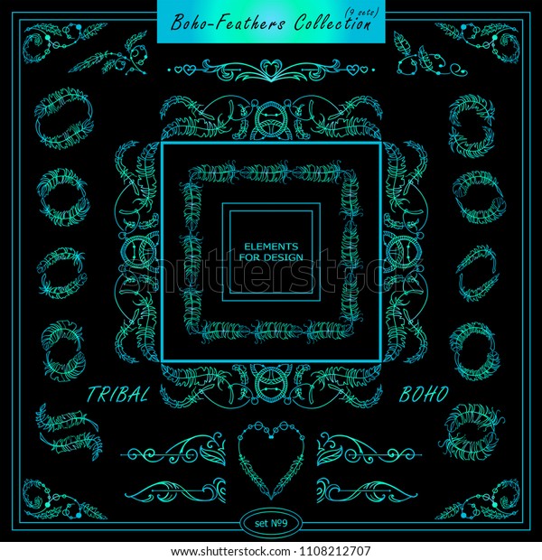 Vector boho, ethnic style elements for design.\
Ornamental vintage frame, borders, corners, square, arrows,\
dividers. Rooster, feathers, tribal beads, dreamcatcher, ribbon\
elements, blue\
watercolor