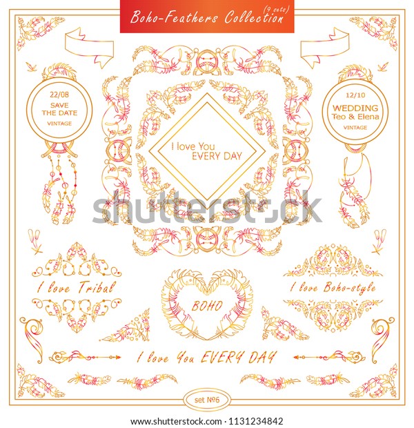 Vector boho, ethnic style elements for design.\
Ornamental vintage frame, borders, corners, square, arrows,\
dividers. Rooster, feathers, tribal beads, dreamcatcher, ribbon\
elements, red and\
orange