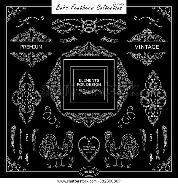 Vector boho, ethnic style elements for design.
Ornamental vintage frame, borders, corners, square, dividers.
Rooster, feathers, tribal beads, dreamcatcher, ribbon elements,
black chalkboard style 