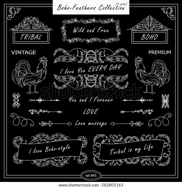 Vector boho, ethnic style elements for design.\
Ornamental vintage frame, borders, corners, square, dividers.\
Rooster, feathers, tribal beads, dreamcatcher, ribbon elements,\
black chalkboard style 