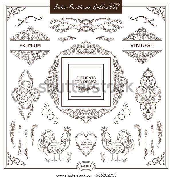 Vector boho, ethnic style elements for design.\
Ornamental vintage frame, borders, corners, square, dividers.\
Rooster, feathers, tribal beads, dreamcatcher, ribbon elements,\
different in every set