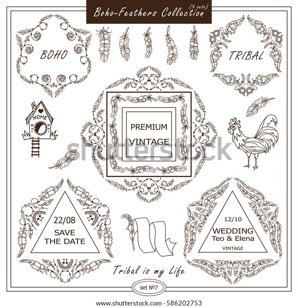 Vector boho, ethnic style elements for design.
Ornamental vintage frame, borders, corners, square, dividers.
Rooster, feathers, tribal beads, dreamcatcher, ribbon elements,
different in every set
