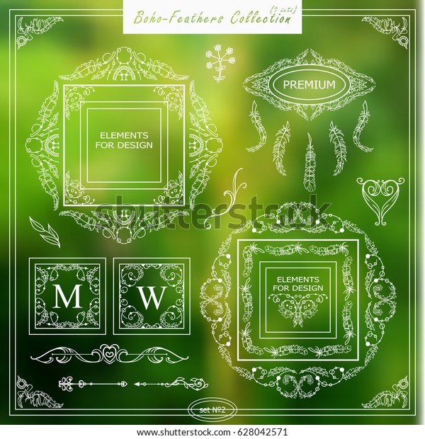 Vector boho, ethnic style elements for design.\
Ornamental vintage frame, borders, corners, square, arrows,\
dividers. Rooster, feathers, tribal beads, dreamcatcher, ribbon\
elements. Set 2 from 9