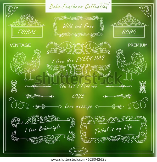 Vector boho, ethnic style elements for design.\
Ornamental vintage frame, borders, corners, square, arrows,\
dividers. Rooster, feathers, tribal beads, dreamcatcher, ribbon\
elements. Set 5 from 9
