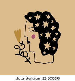 Vector boho fashion Virgo Zodiac abstract aesthetic mid century modern face boho magic astrology poster
