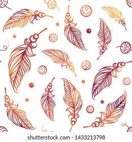 Vector boho feathers colorful seamless pattern.