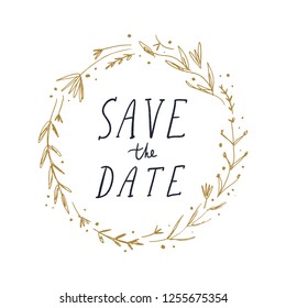 Vector boho floral frame and sign Save the date. Single image on white background, template.