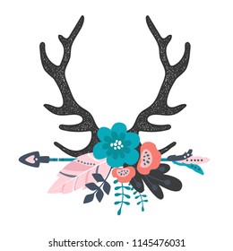 Vector boho floral illustration - deer horns with arrow, colorful flower bouquets for wedding, anniversary, birthday, invitations, tribal native american symbol, bohemian, indian, DIY