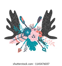 Vector boho floral illustration - deer horns with arrow, colorful flower bouquets for wedding, anniversary, birthday, invitations, tribal native american symbol, bohemian, indian, DIY