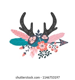 Vector boho floral illustration - deer horns with arrow, colorful flower bouquets for wedding, anniversary, birthday, invitations, tribal native american symbol, bohemian, indian, DIY