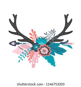 Vector boho floral illustration - deer horns with arrow, colorful flower bouquets for wedding, anniversary, birthday, invitations, tribal native american symbol, bohemian, indian, DIY